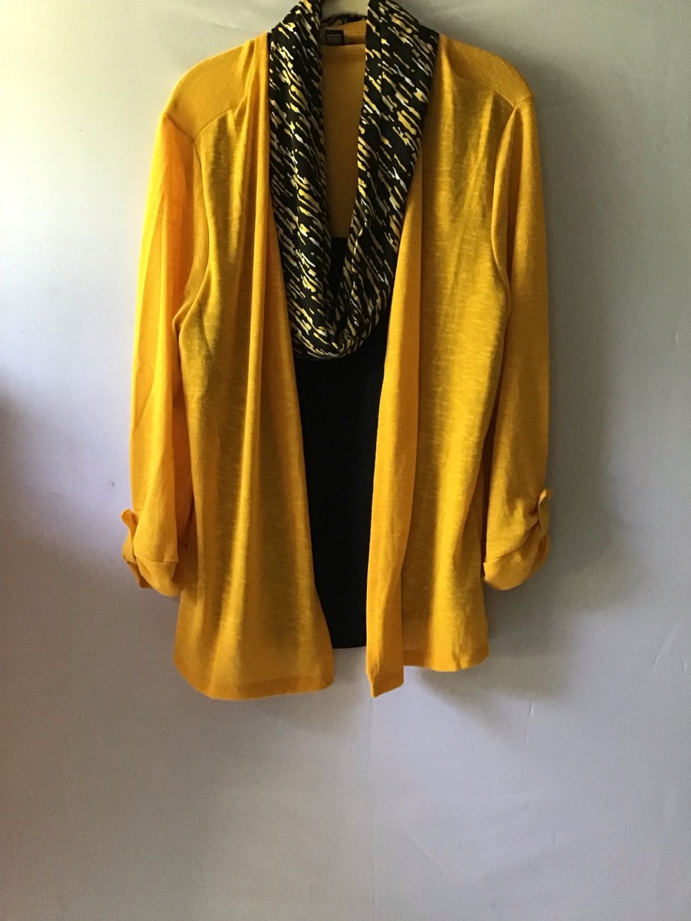 435 Mustard Yellow Open Front Women's Cardigan with Printed Scarf